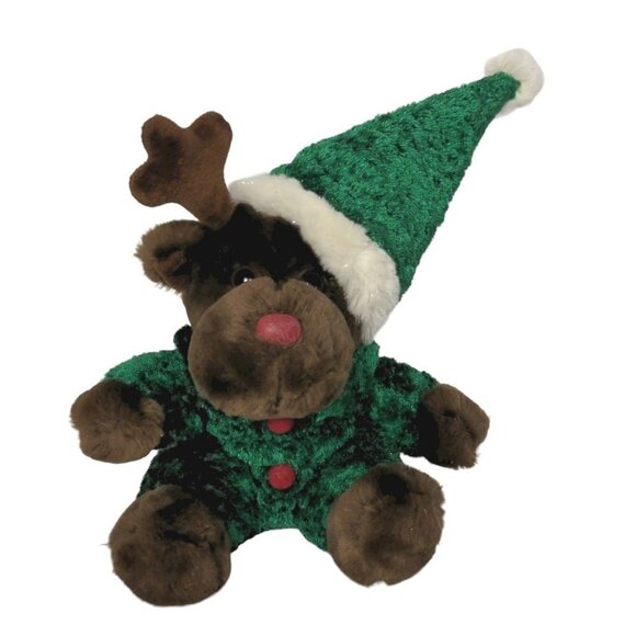 Walmart Brown Christmas Reindeer Green Suit Hat Plush Stuffed Animal 7.5" - Picture 1 of 7